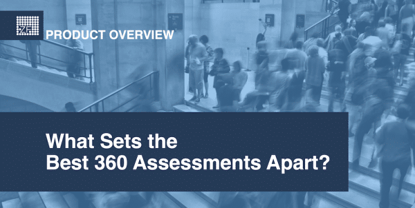 Product overview banner with a blue-tinted crowd photo and the title: 'What Sets the Best 360 Assessments Apart?'