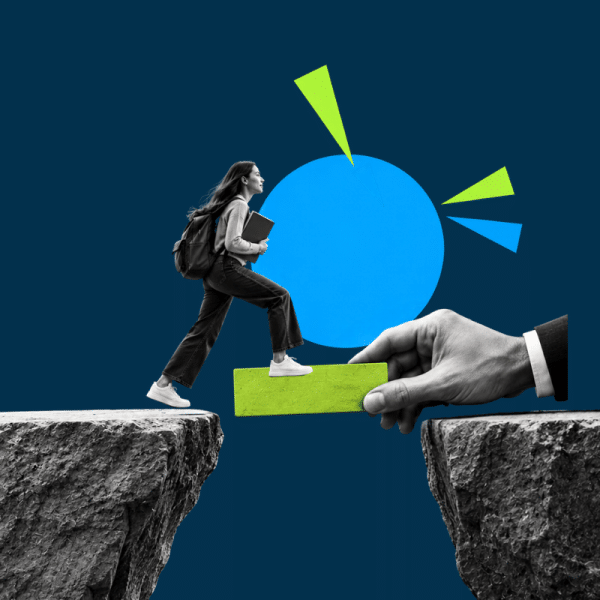 A person with a backpack steps across a gap toward opportunity, handed a lime green block by a large gloved hand as supporting symbols rise in the background—the image conveys bridging a gap with help.
