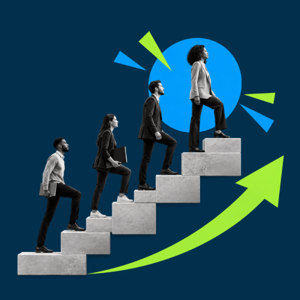 Group of professionals ascending concrete stairs toward a large blue circle, symbolizing career growth and progression.