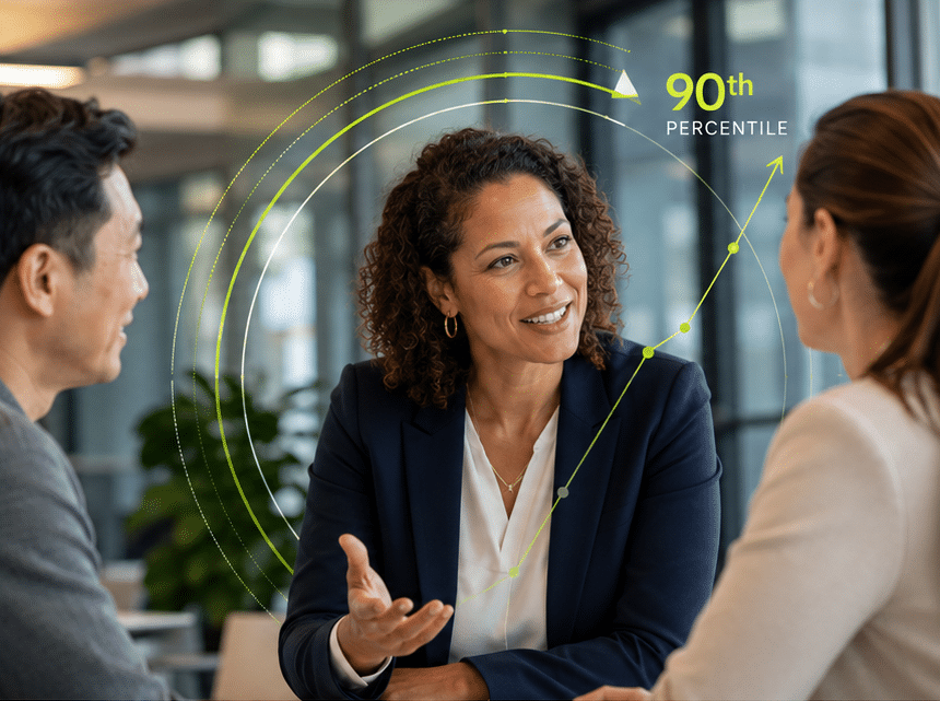 Woman in a navy blazer speaks with two colleagues at a meeting, green circular percentile graphics labeled '90th percentile' overlaid on the scene.