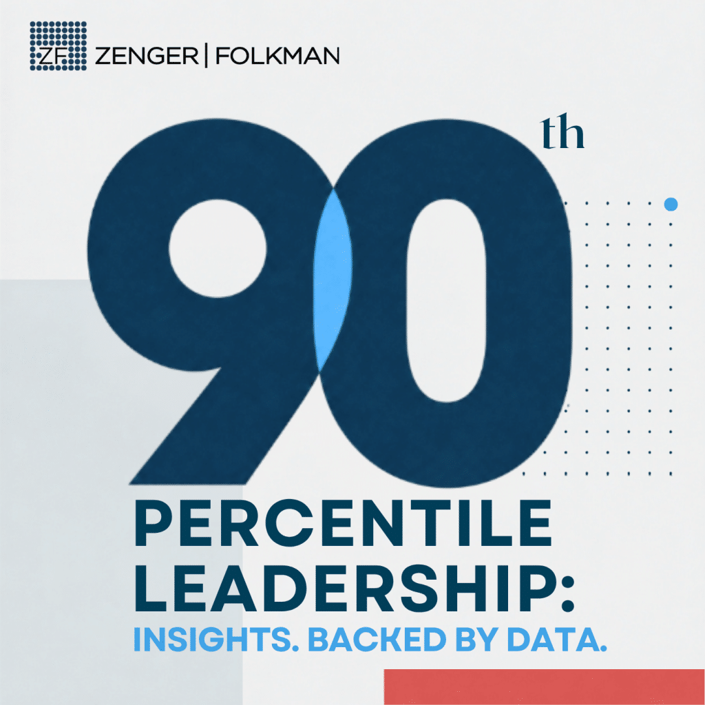 Cover of a report with a large blue '90' and the title '90th Percentile Leadership: Insights. Backed by Data,' and the Zenger Folkmann logo in the top-left corner.