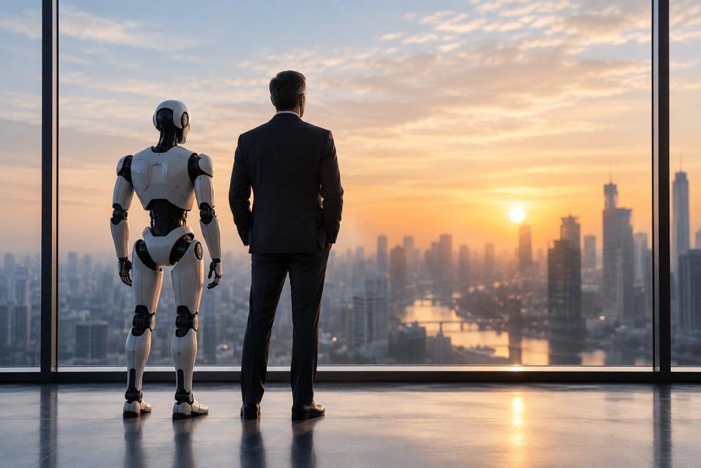 Businessman in a suit and a white humanoid robot stand side by side, looking at a sunset cityscape from a high-rise window.
