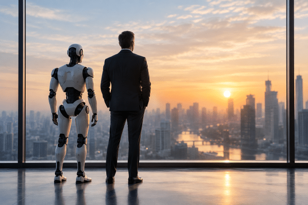 Businessman in a suit and a white humanoid robot stand side by side, looking at a sunset cityscape from a high-rise window.