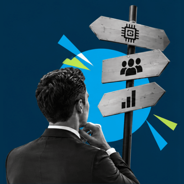 Businessperson facing three signposts – tech chip, team icon, and bar chart – in a blue abstract background.