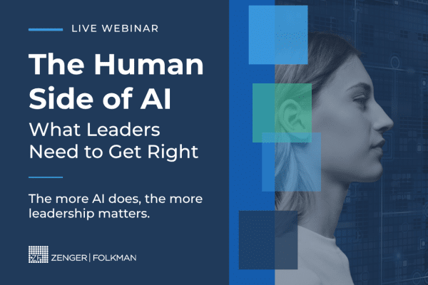 Live webinar banner: The Human Side of AI — What Leaders Need to Get Right, with blue geometric shapes and a side-profile of a woman.