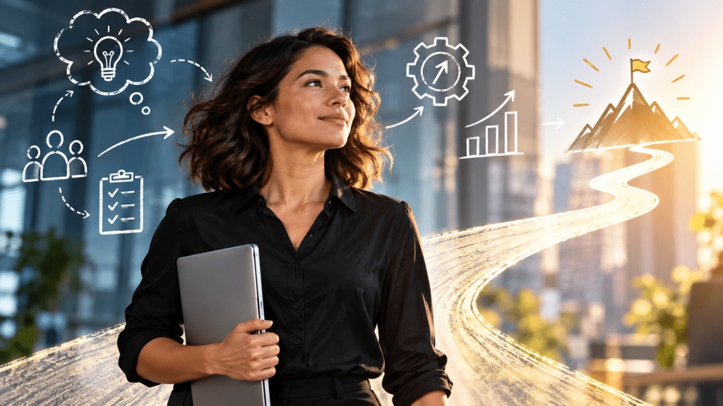 Businesswoman holding a laptop, looking up as chalk-drawn icons of ideas, growth, and a mountain summit appear.