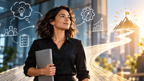 Businesswoman holding a laptop, looking up as chalk-drawn icons of ideas, growth, and a mountain summit appear.