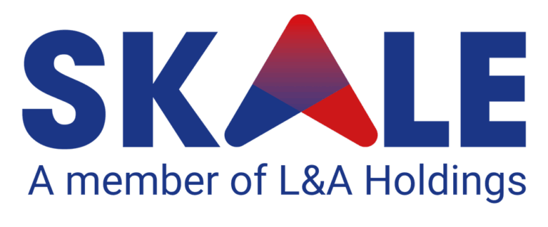 Skale logo with bold blue letters, a red-to-blue triangular A, and the tagline "A member of L&A Holdings"